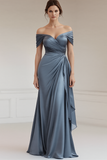 Off The Shoulder Sheath Ruffled Long Grey Blue Formal Dress