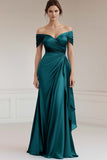 Off The Shoulder Sheath Ruffled Long Grey Blue Formal Dress