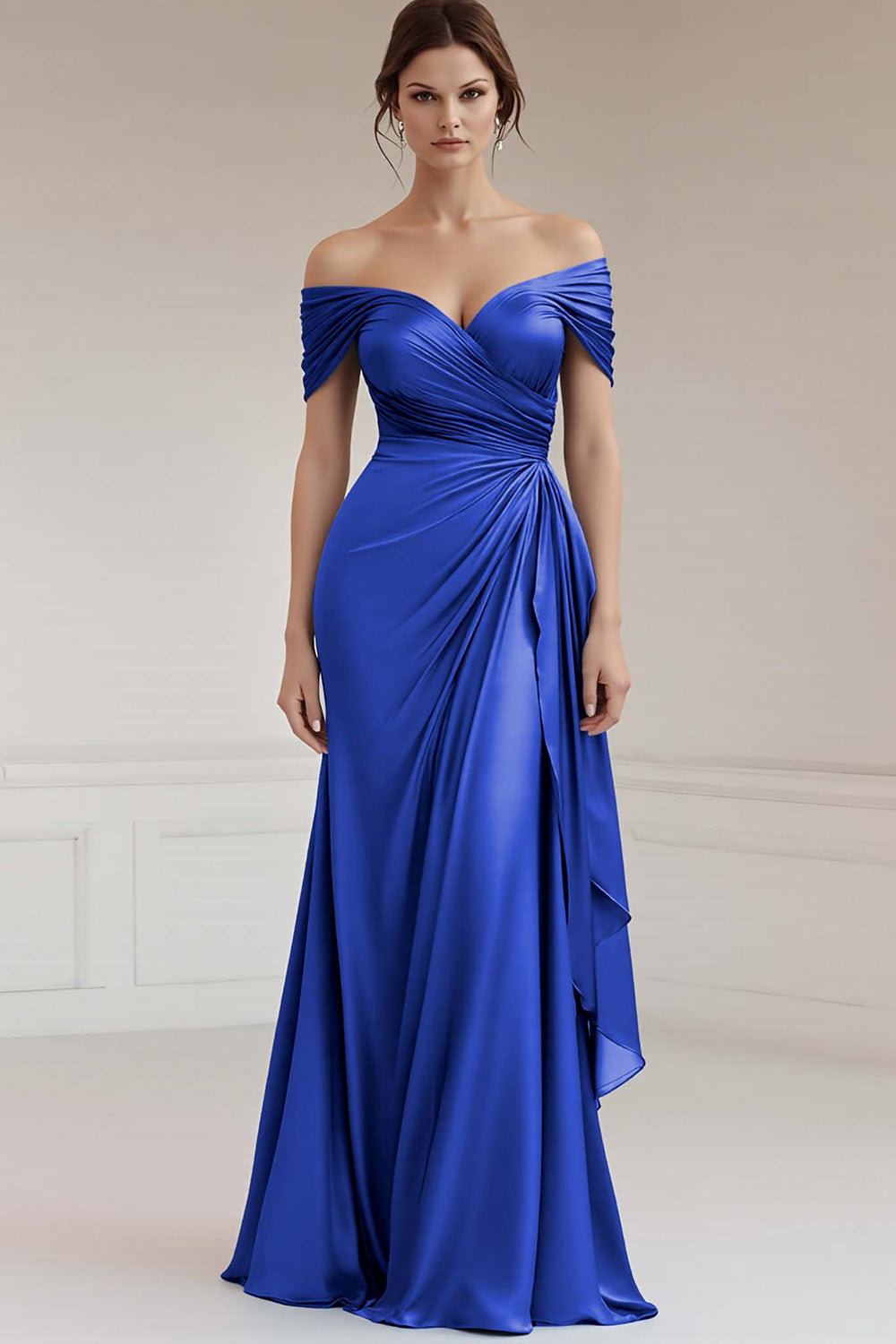 Off The Shoulder Sheath Ruffled Long Grey Blue Formal Dress
