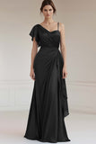 Sheath Ruched Grey Blue Ruffled Long Formal Dress with Sleeves