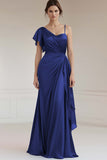 Sheath Ruched Grey Blue Ruffled Long Formal Dress with Sleeves