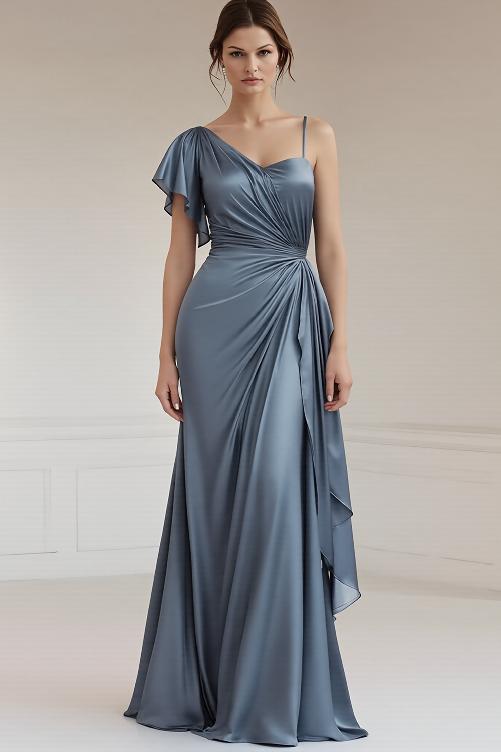 Sheath Ruched Grey Blue Ruffled Long Formal Dress with Sleeves