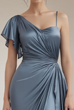 Sheath Ruched Grey Blue Ruffled Long Formal Dress with Sleeves