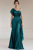 Sheath Ruched Grey Blue Ruffled Long Formal Dress with Sleeves