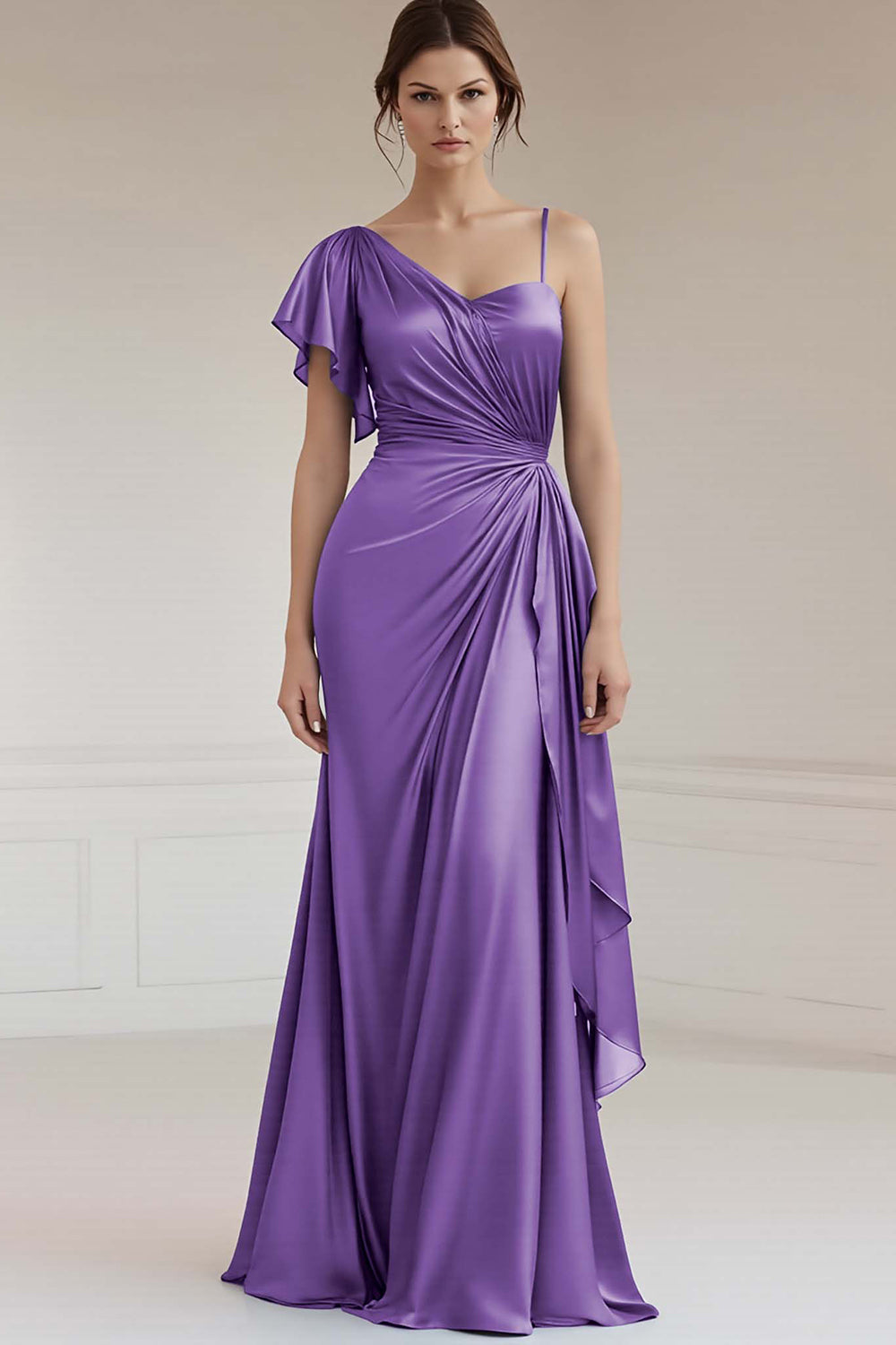 Sheath Ruched Grey Blue Ruffled Long Formal Dress with Sleeves