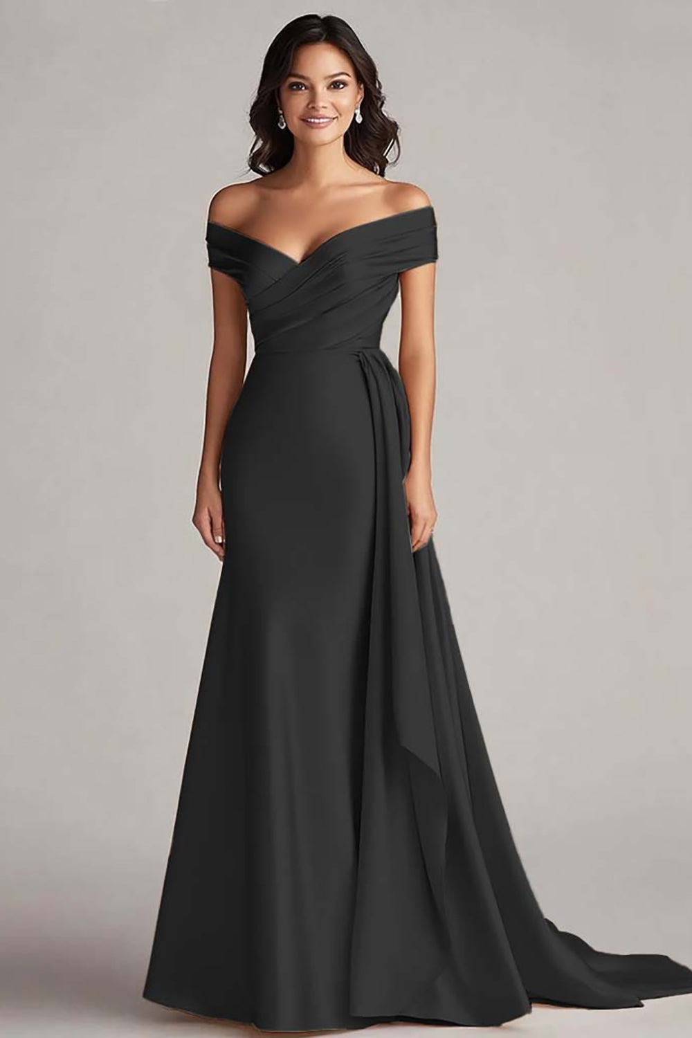 Off The Shoulder Champagne Satin Long Formal Dress with Sash