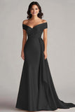 Off The Shoulder Champagne Satin Long Formal Dress with Sash