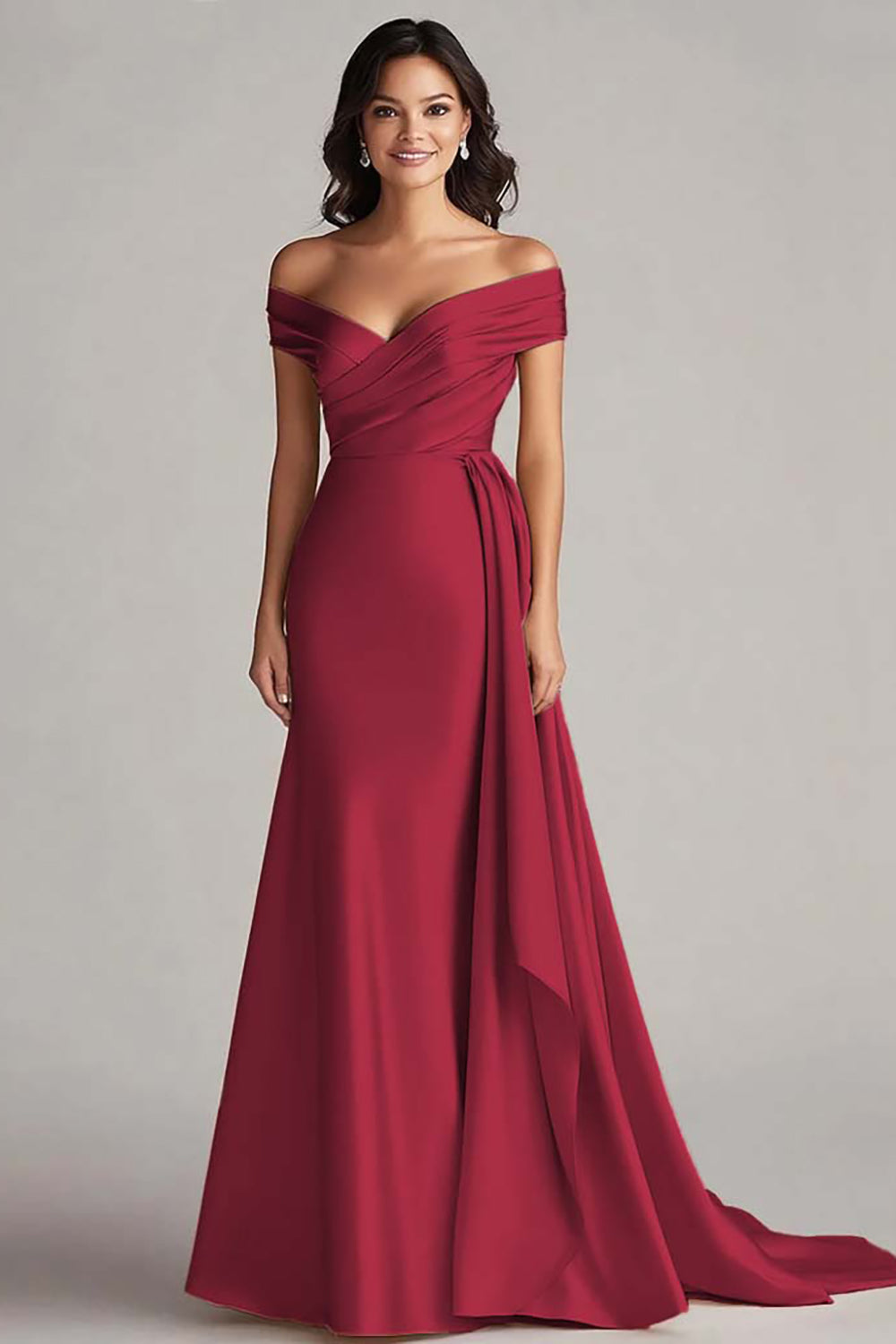 Off The Shoulder Champagne Satin Long Formal Dress with Sash