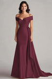 Off The Shoulder Champagne Satin Long Formal Dress with Sash