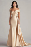 Off The Shoulder Champagne Satin Long Formal Dress with Sash