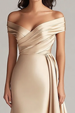 Off The Shoulder Champagne Satin Long Formal Dress with Sash