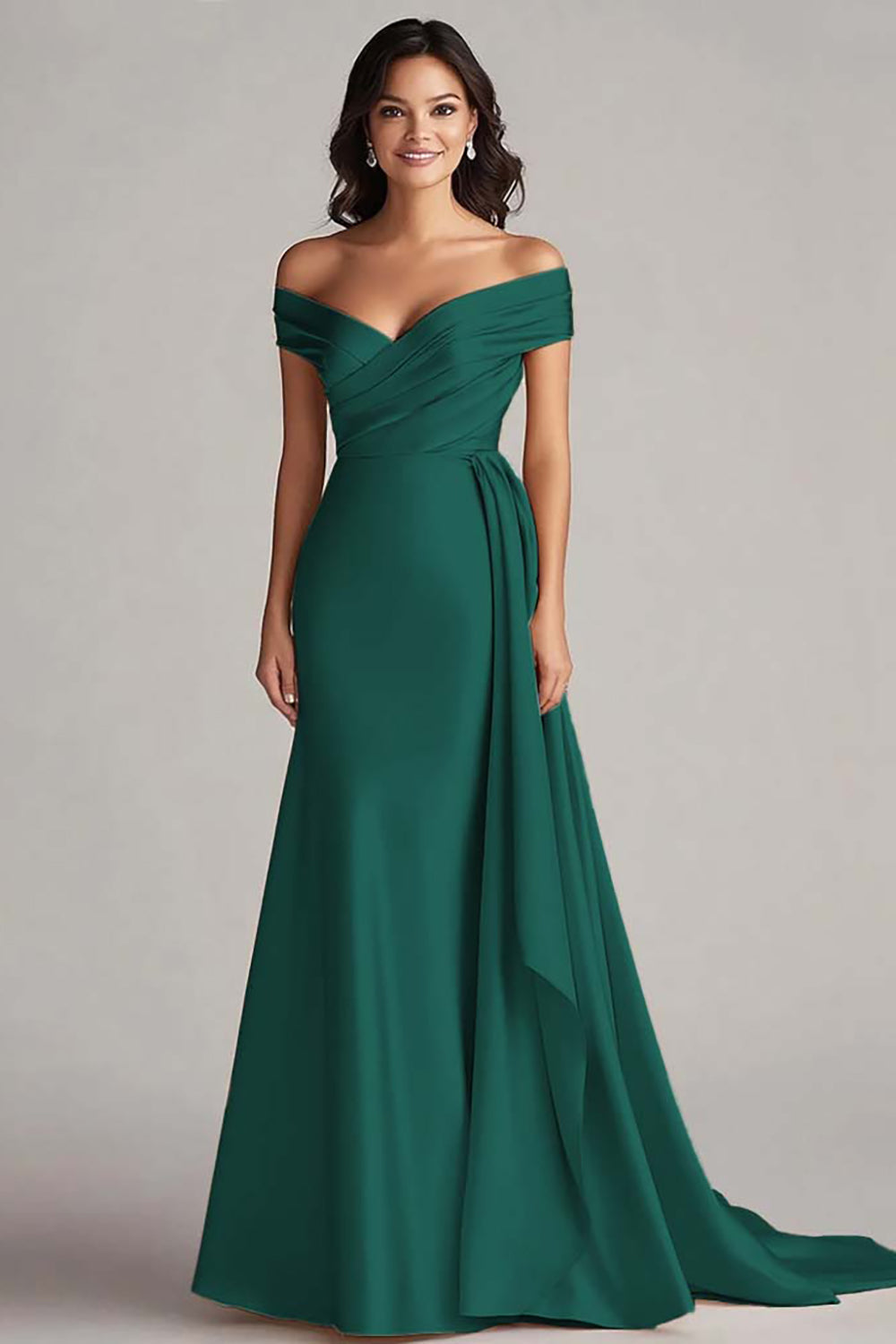 Off The Shoulder Champagne Satin Long Formal Dress with Sash
