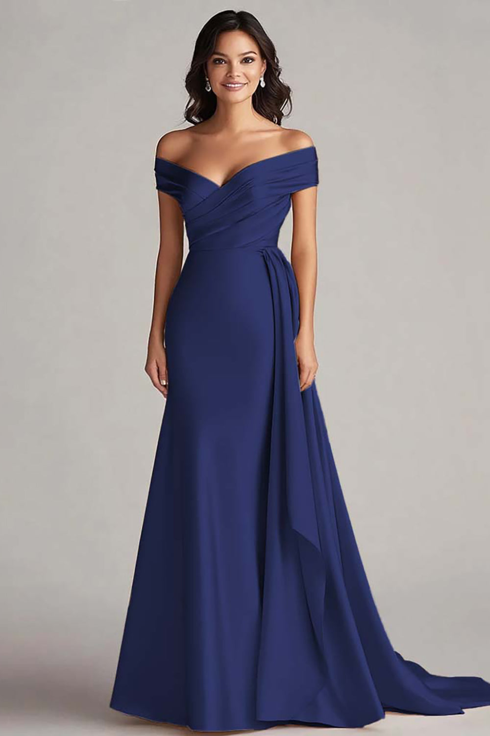 Off The Shoulder Champagne Satin Long Formal Dress with Sash