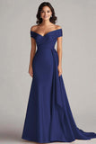 Off The Shoulder Champagne Satin Long Formal Dress with Sash
