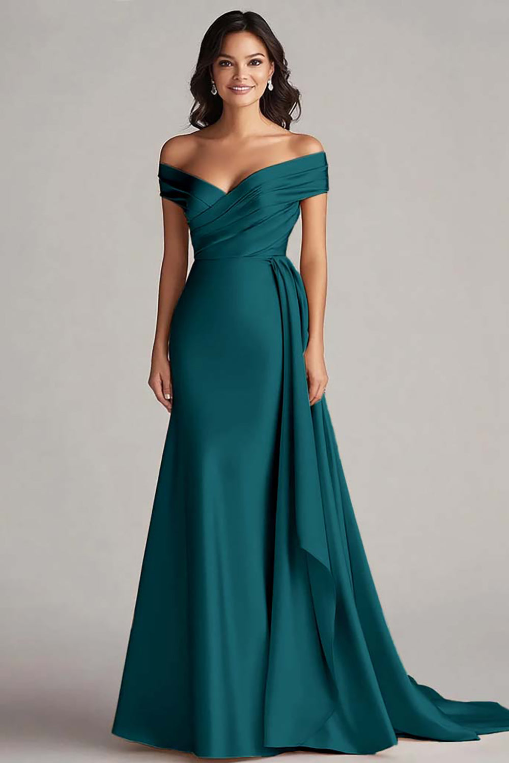 Off The Shoulder Champagne Satin Long Formal Dress with Sash