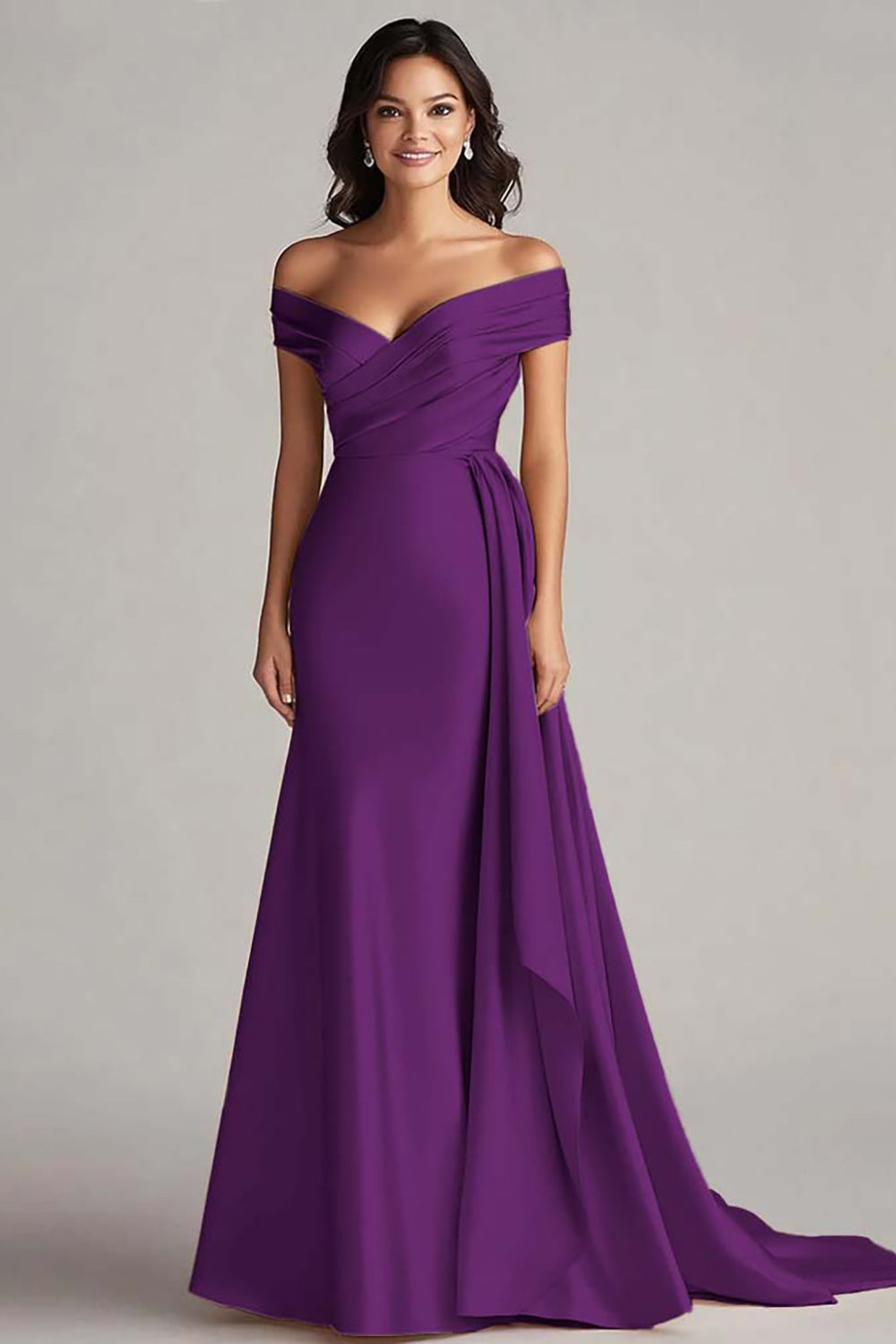 Off The Shoulder Champagne Satin Long Formal Dress with Sash