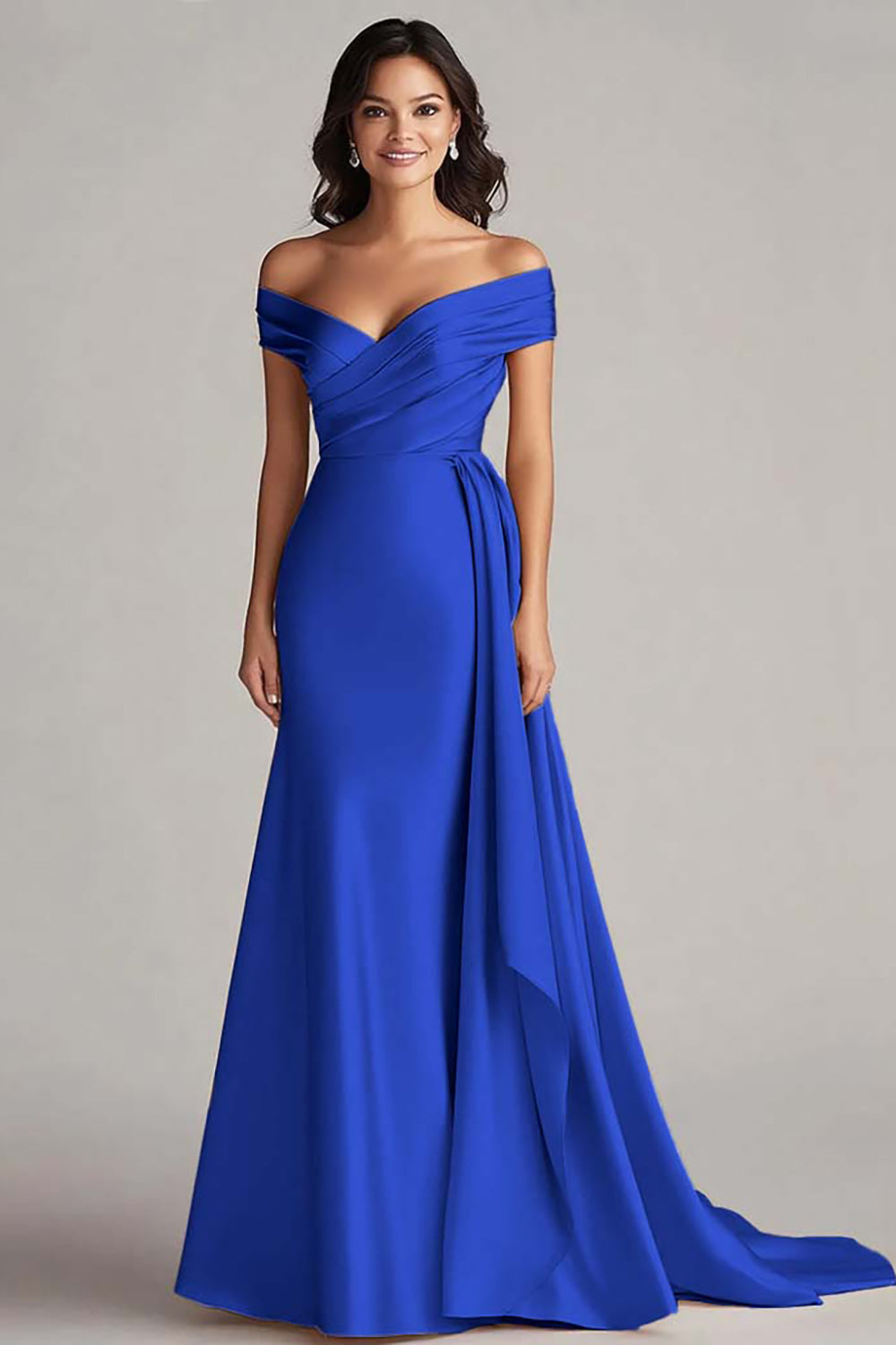 Off The Shoulder Champagne Satin Long Formal Dress with Sash