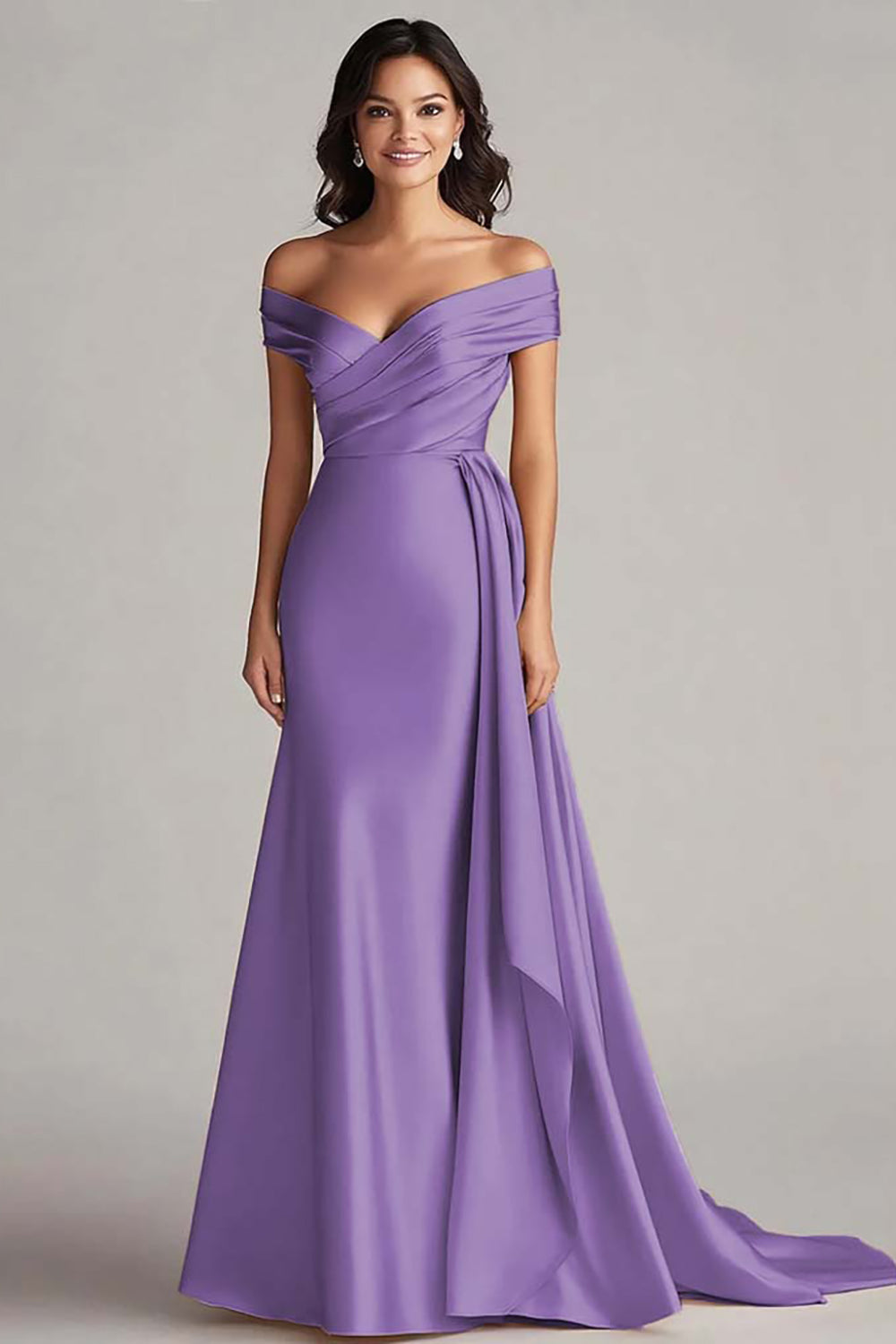 Off The Shoulder Champagne Satin Long Formal Dress with Sash