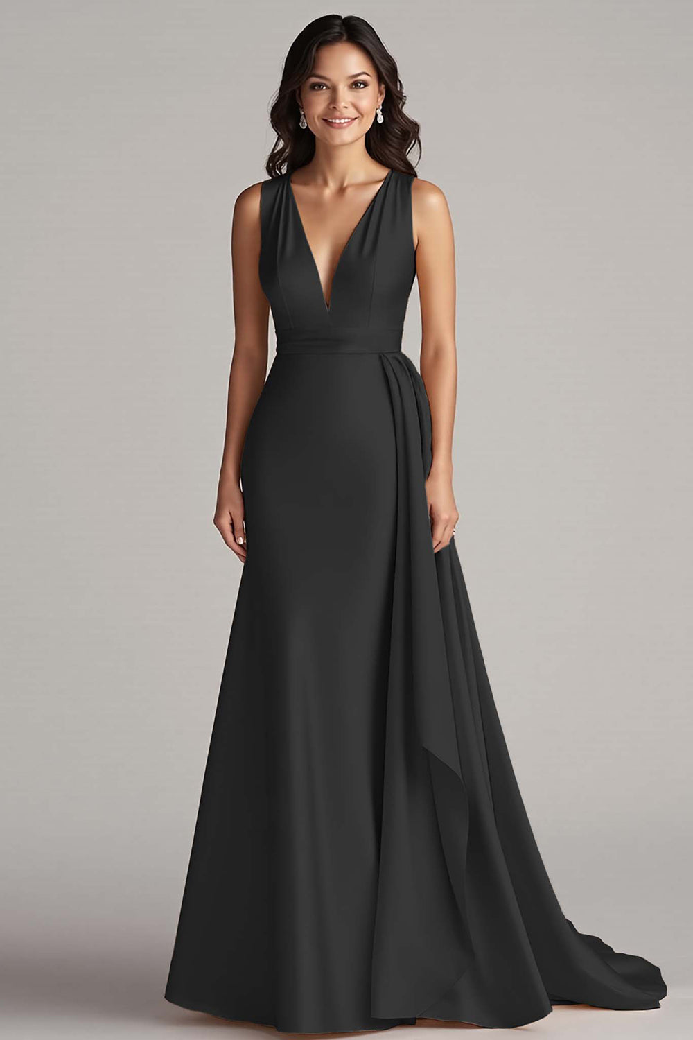 Champagne V Neck Sheath Long Formal Dress with Side Streamer