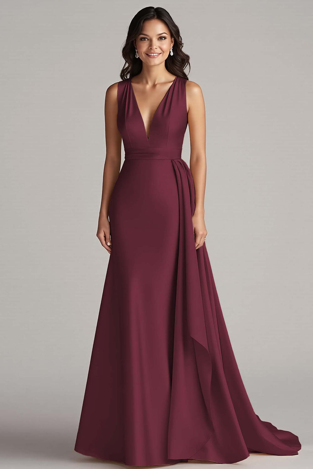 Champagne V Neck Sheath Long Formal Dress with Side Streamer