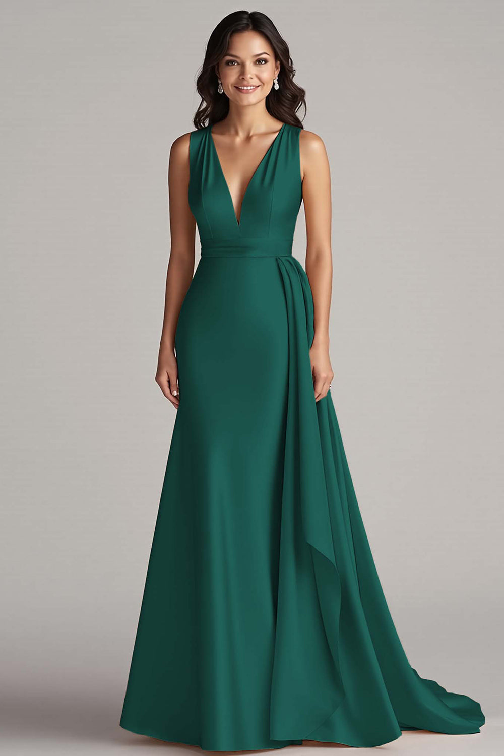 Champagne V Neck Sheath Long Formal Dress with Side Streamer