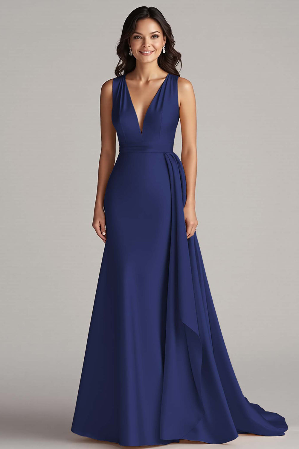 Champagne V Neck Sheath Long Formal Dress with Side Streamer