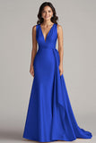 Champagne V Neck Sheath Long Formal Dress with Side Streamer