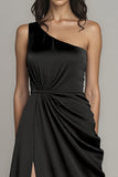 One Shoulder Satin Black Long Formal Dress with Slit