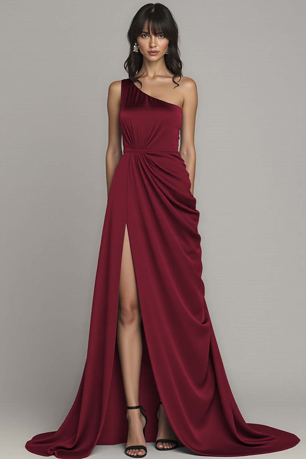 One Shoulder Satin Black Long Formal Dress with Slit