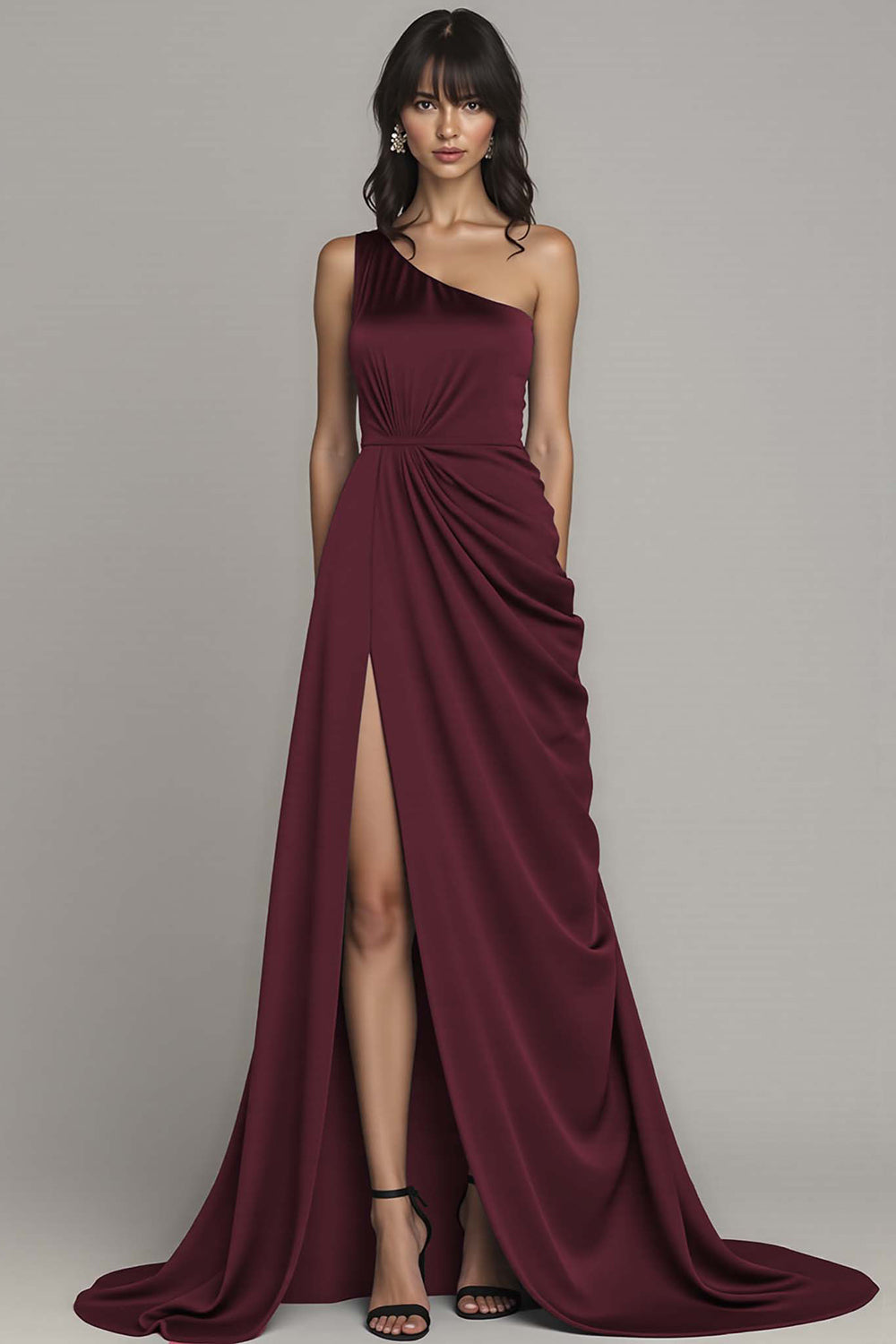 One Shoulder Satin Black Long Formal Dress with Slit