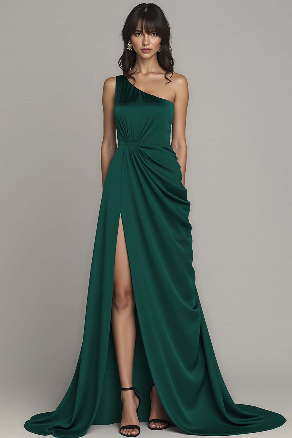 One Shoulder Satin Black Long Formal Dress with Slit