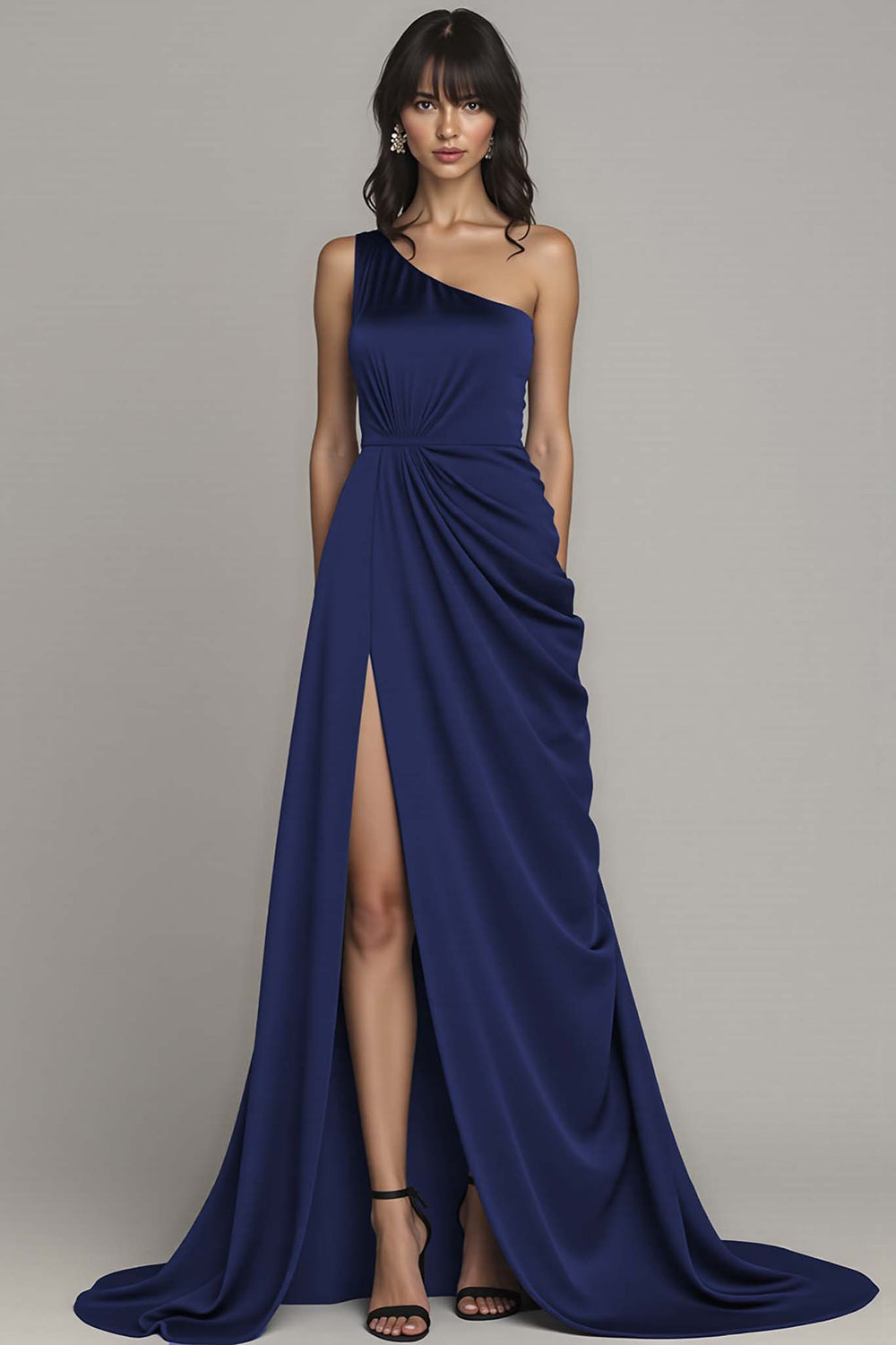 One Shoulder Satin Black Long Formal Dress with Slit