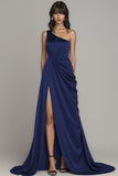 One Shoulder Satin Black Long Formal Dress with Slit