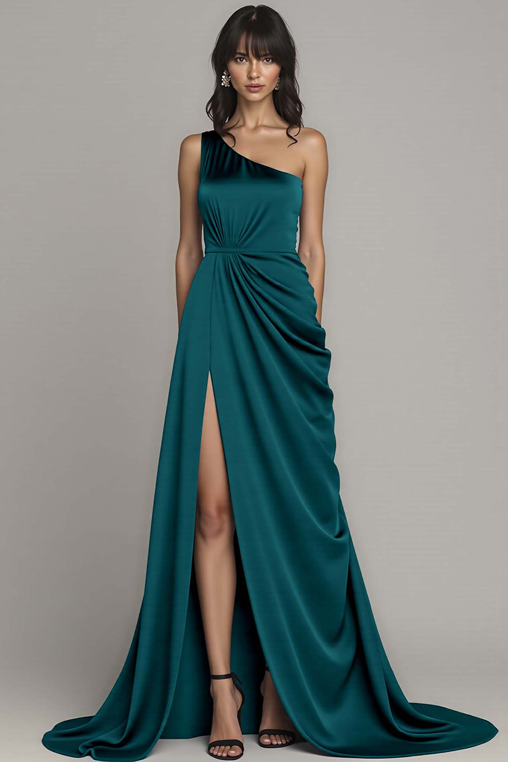One Shoulder Satin Black Long Formal Dress with Slit