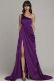 One Shoulder Satin Black Long Formal Dress with Slit