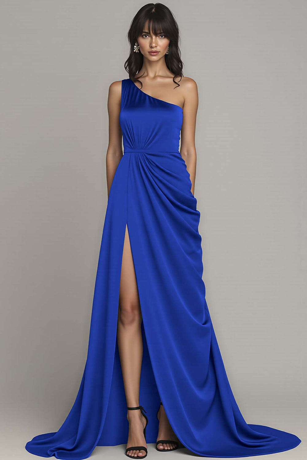 One Shoulder Satin Black Long Formal Dress with Slit