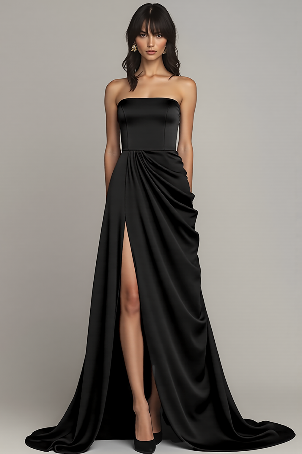 Black Strapless A Line Ruched Long Formal Dress with Slit