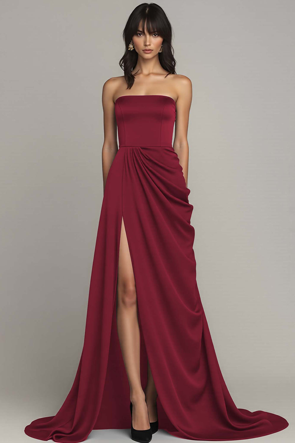 Black Strapless A Line Ruched Long Formal Dress with Slit