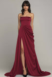 Black Strapless A Line Ruched Long Formal Dress with Slit