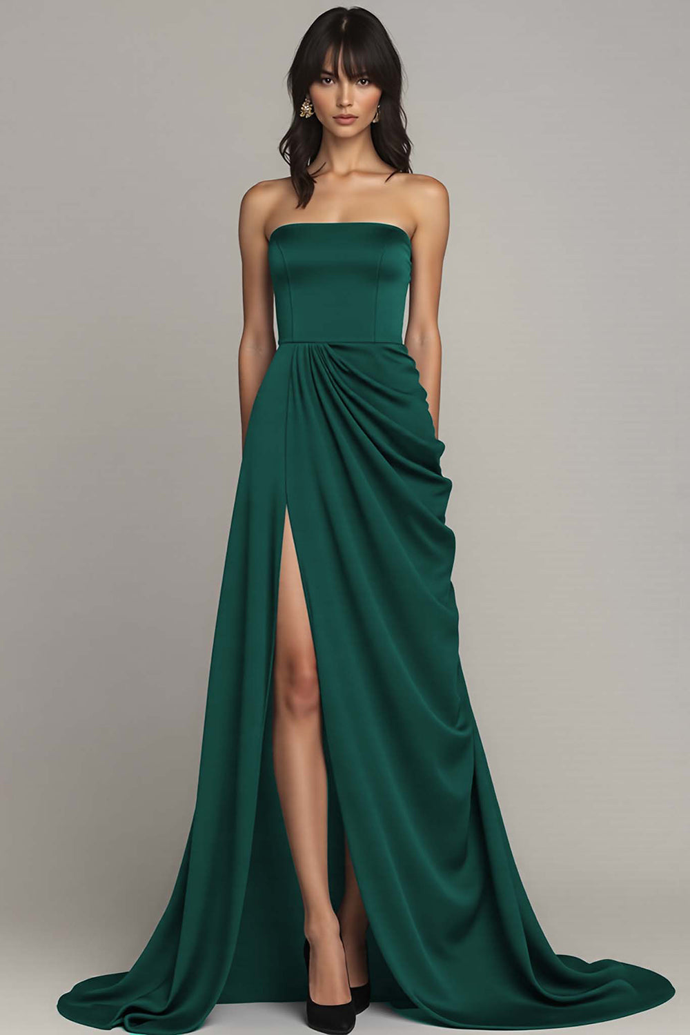 Black Strapless A Line Ruched Long Formal Dress with Slit