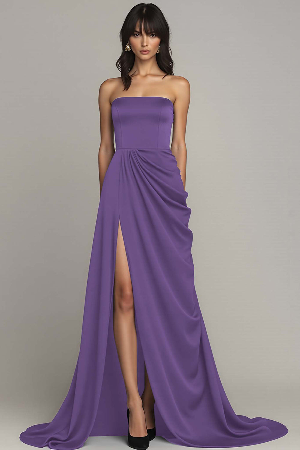 Black Strapless A Line Ruched Long Formal Dress with Slit