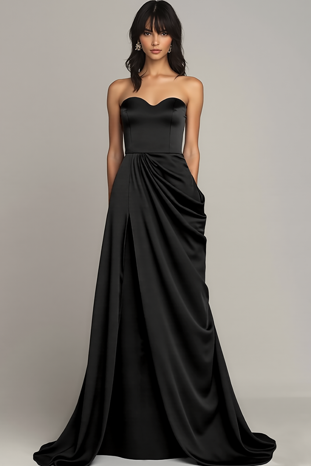 Black Sweetheart Satin A Line Long Formal Dress