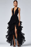 Black Ruffled V Neck Long Formal Dress with Slit