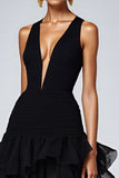 Black Ruffled V Neck Long Formal Dress with Slit