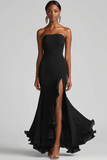 Black Strapless Sheath Chiffon Long Formal Dress with Slit