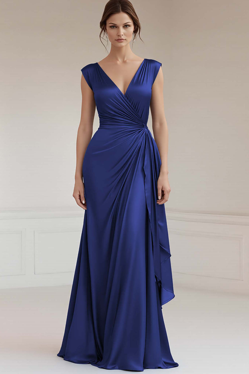 Royal Blue Sheath V-Neck Ruched Long Formal Dress