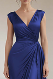 Royal Blue Sheath V-Neck Ruched Long Formal Dress