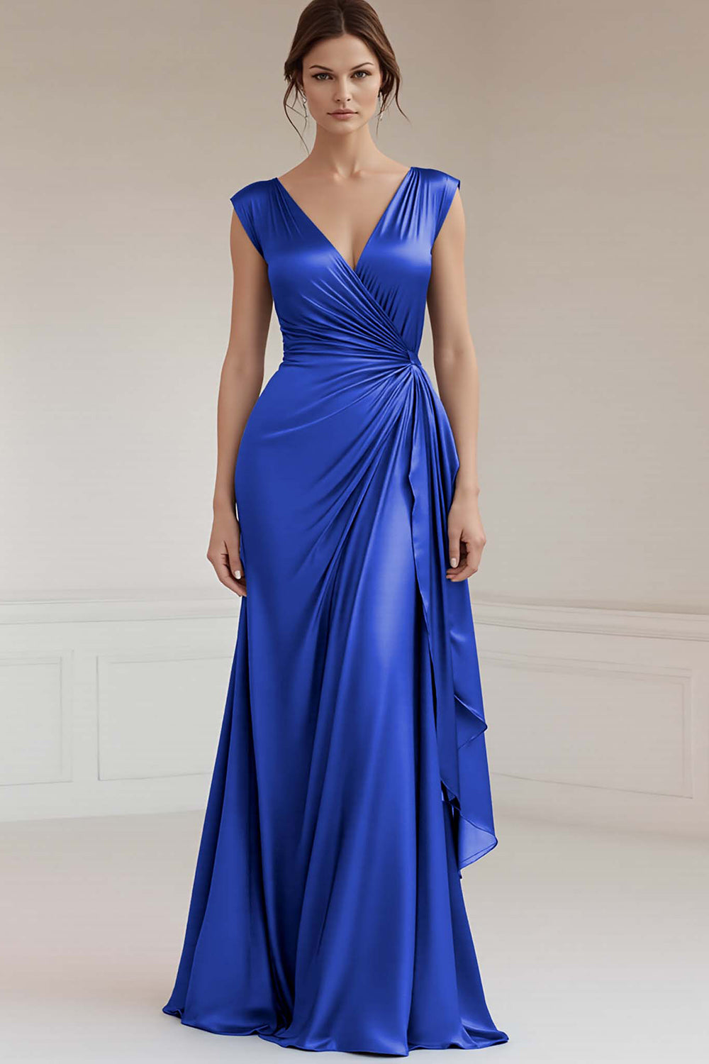 Royal Blue Sheath V-Neck Ruched Long Formal Dress