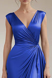 Royal Blue Sheath V-Neck Ruched Long Formal Dress