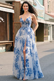 White Blue Flower Printed Corset A Line Long Formal Dress with Slit